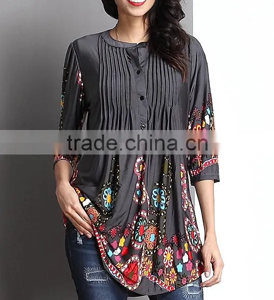 2016 New Women Tops With Charcoal Garden Notch Neck Pin Tuck Tunic Women Blouse Women Clothing GD90426-4 photo-2