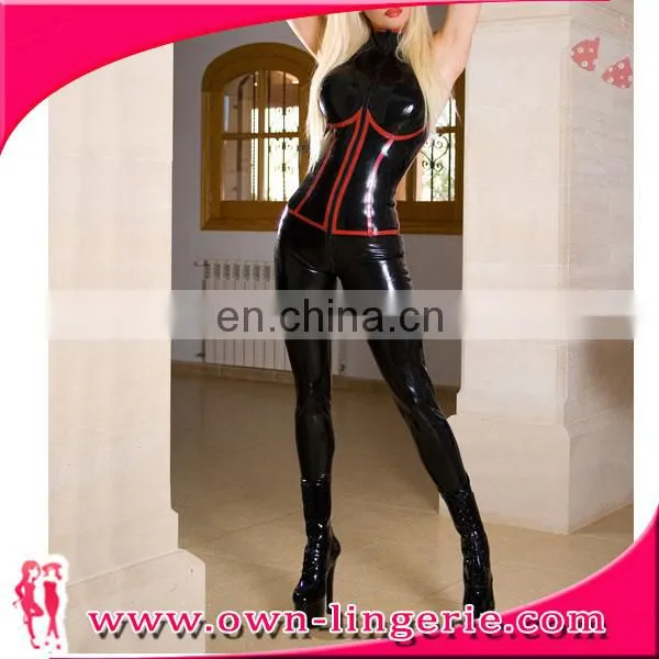 Wholesale Sensual Wet Look Cheap Black Latex Catsuit Faux Leather Clubwear Catsuit