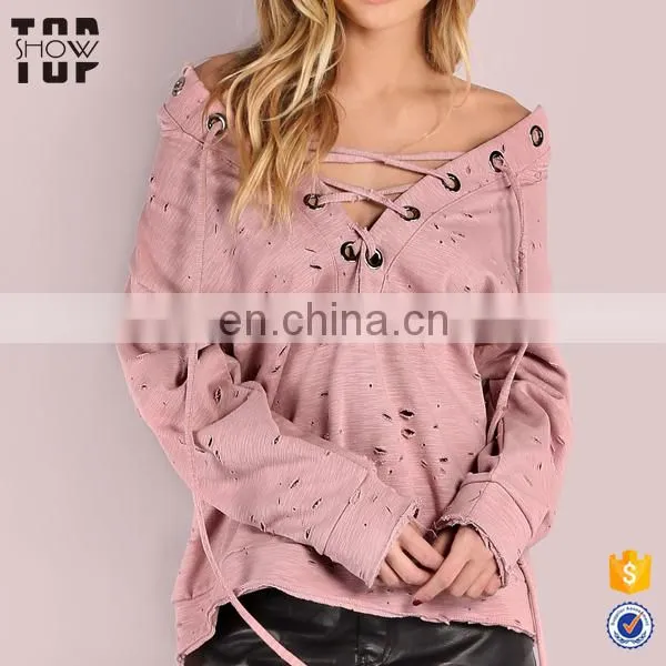 Factory Cotton Hoodie Blank Distressed Hoodie v Neck Lace up Hoodie