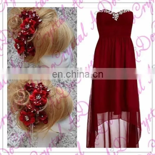Aidocrystal Red Gradient Gem Combs the Bride Lace Flannelette Handmade Hair Accessories photo-3