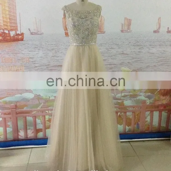 Mint Green Beaded Rhinestones Champagne Color Tulle Long Floor Length High Neck Cap Sleeve Backless Evening Dresses Prom Dress photo-4