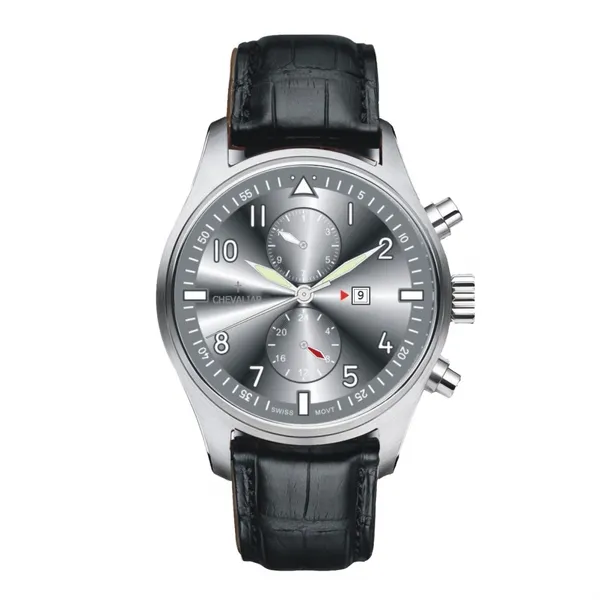 Stainless Steel Case Multi-function Watches Man Genuine Leather Dual Time Quartz Watch photo-2