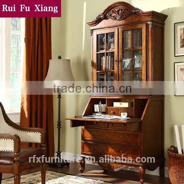 Classic Country Style Wood Book Cabinet With Glass Doors and Drawers and Carvings AI-214