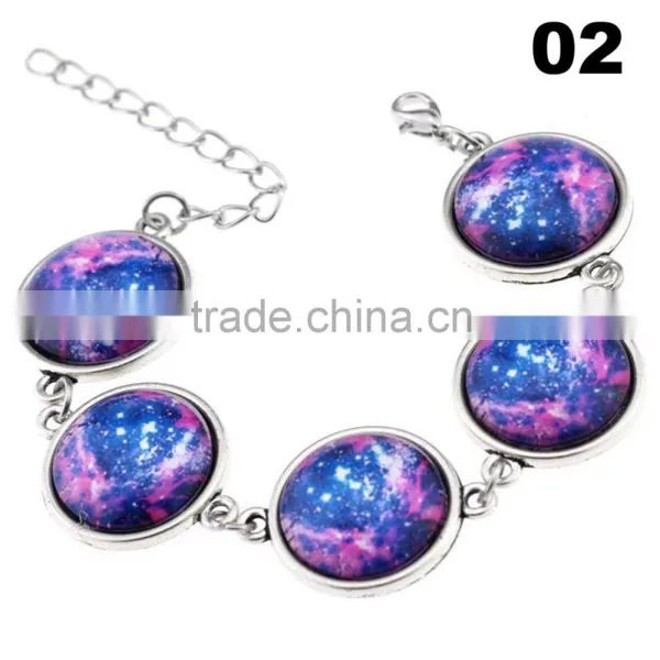 Wholesale Cabochon Glass Nebula Bangle -Galaxy Space -Novelty Metal Cuff Chain Bracelet photo-3