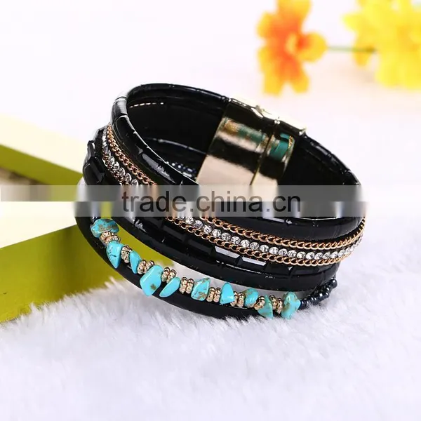New Fashion Jewelry Woman Magnetic Clasp Leather Crystal Stones Bracelet photo-6