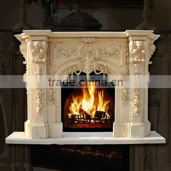 Luxury Indoor Decoration Hand Carved Beige Marble Fireplace photo-3
