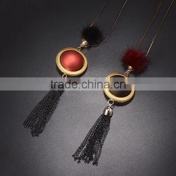 Red Bead Gold Hoop Pendant Long Chain Necklace Black Chain Tassel Necklace Pompon Necklace photo-4