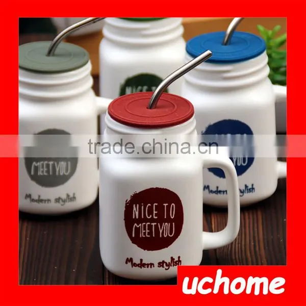 UCHOME Simple Style 16oz Trendy Comfortable Great Gift 16oz Size Ceramic Mason Jar With Handle photo-5
