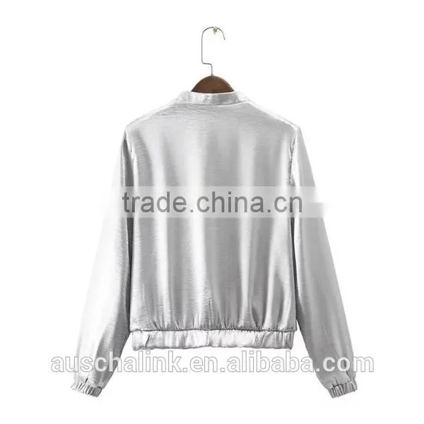 New Style Autumn Cheap Sliver Satin Plain Front Zipper Baseball Jackets photo-6