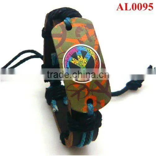 2012 Fashion Mediterranean Style Bracelet,world Peace Color-printed Leather Bracelet in Wax Cord AL0095