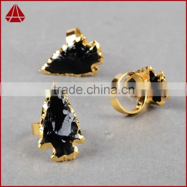 Natural Rough Black Obsidian Stone Arrowhead Ring Jewelry photo-2