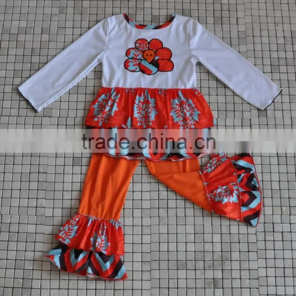 White With Turkey Embroidery Shirt Matching Ruffle Pants Newborn Girls Thanksgiving Outfits
