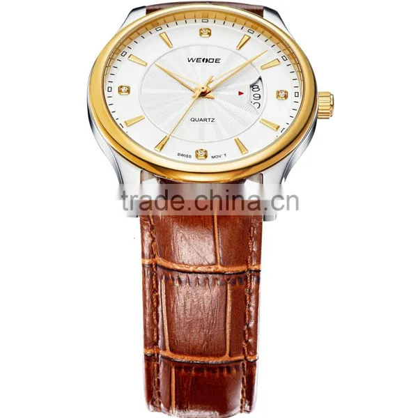 WEIDE 3 Atm Water Resistant Stainless Steel Watches Leather Wrist Straps Gold Men Watch photo-3