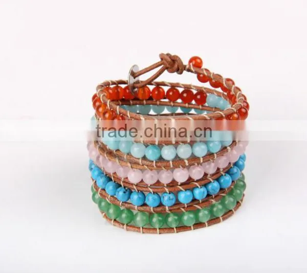 the Sea Blue Pink Crystal Bracelet Fashion Agate Beads Charm Bracelet Women Jewelry 5 Coil Winding Leather Bracelet Bangles photo-2