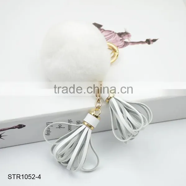 New Leather Tassel Fur Keychain Real Rabbit Fur Pom Pom Key Chain photo-4