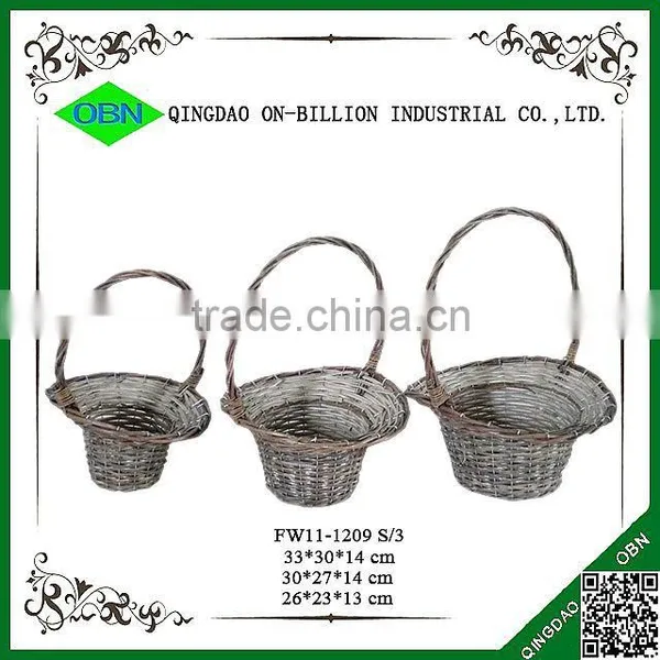 Vintage Wash Grey Wicker Flower Basket With Handle photo-3