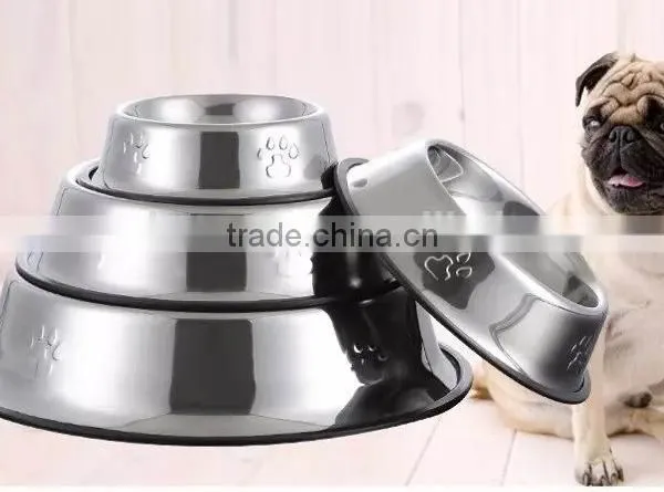 Skid Stop Rubber Base Stainless Steel Pet Bowls With Embossed Paws and Bones for Dogs Puppies Cats Feeder Bowl