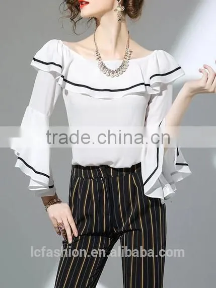2017 Wholesale Summer Women Big Round Neck Ruffle Sleeve Fashion Chiffon Blouse photo-5