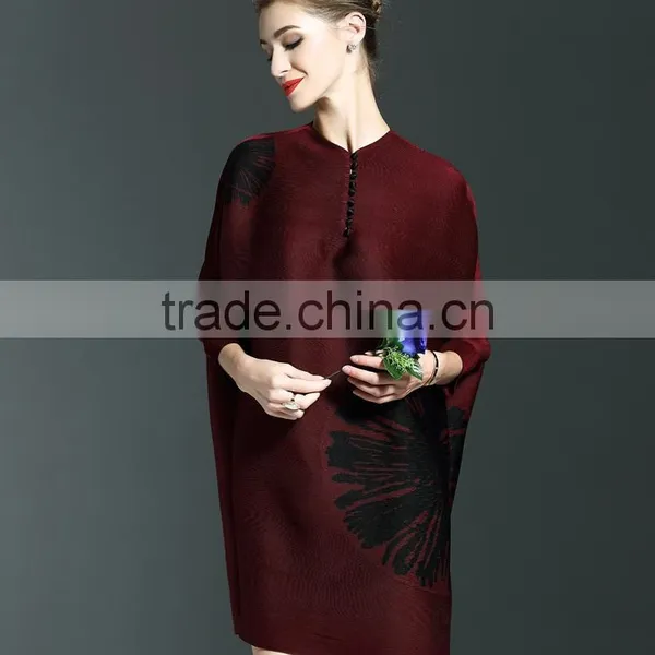 Creative Design Ladies Big Size Batwing Sleeve Pleated Dress With Buttons photo-4