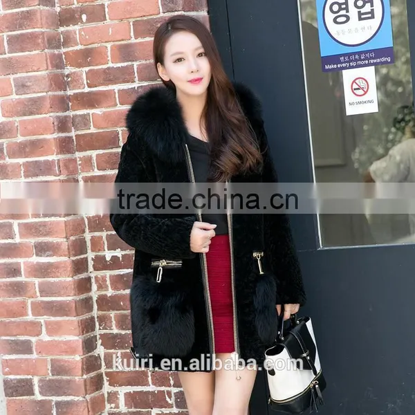Winter Women's Long Natural Real Wool Sheep Shearling Coat Plus Size Jacket With Hood Genuine Fox Fur Pockets photo-2
