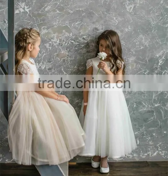White Tulle Lace Cap Sleeve Kids Clothing Wholesale Flower Girl Dress Bridesmaid Robes photo-2