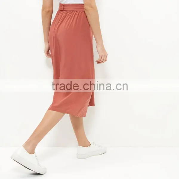 Button Front Tie Waist Ladies Office Skirt Suit Flare Long Skirt photo-3