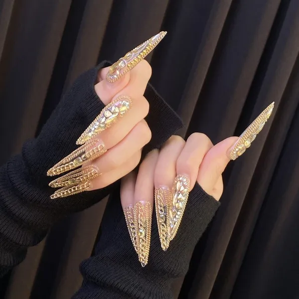 Cross-border European and American Spicy Chicken Sweet and Cool Hot Girl Gold Metal Chain Sticking Diamond Long Pointed Nail Hand-made Press on Nails SUJB Wholesale