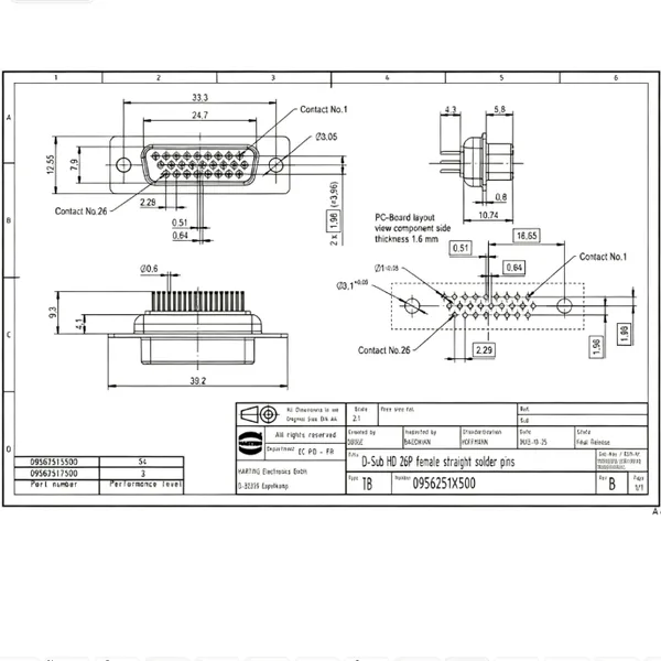 HARTING 09562515500 D-Sub High Density 26 Position Female Straight Through Hole PCB Connector photo-3