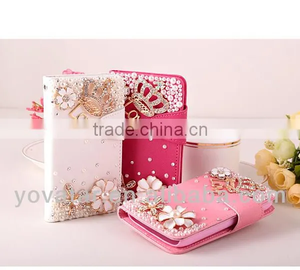 2014 New Design Pearl Diamond Card Holder pu Leather Wallet Case for Iphone5