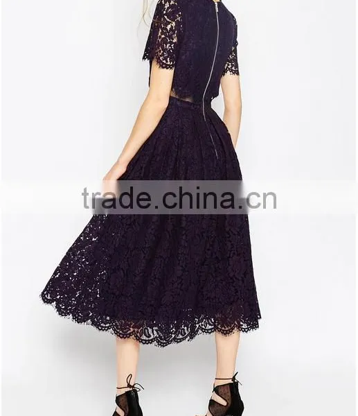 China Guangzhou Clothing OEM Scalloped Edges Round Neckline Crop Top Mesh Insert Midi Women Dress photo-2