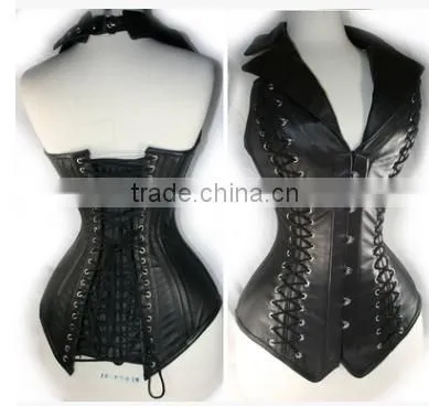 Fashionable Lapel Lace-Up Faux Leather Solid Color Women's Corset