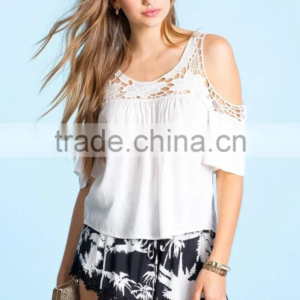 Hot Selling Cold Shoulder Crochet Embellished Blouse/fashion Woman Blouses photo-2