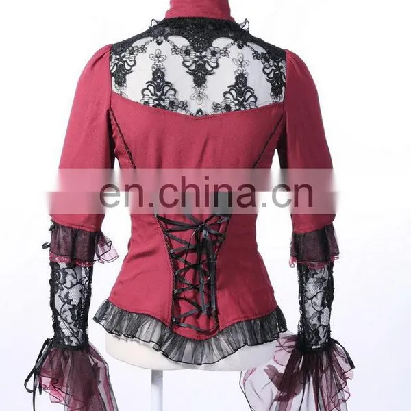 Gothic Dark Red Shirt With Ruffled Sleeves and Floral Lace Mesh photo-3