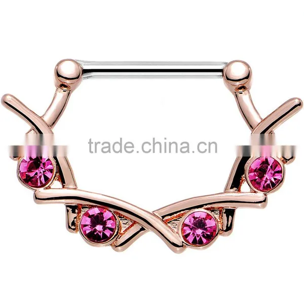 Pink/Aurora Gem Steel Rose Gold Plated Jagged Quartet Nipple Clicker photo-2
