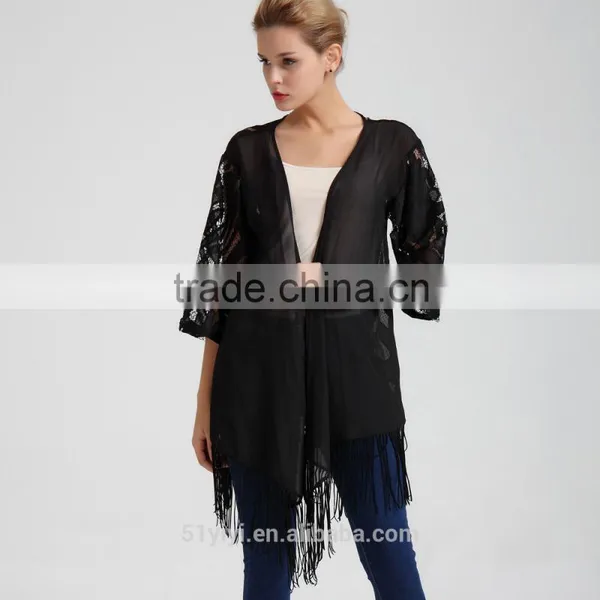 Women Kimono Sleeve Fringe Hemmed Lace Jacket photo-2