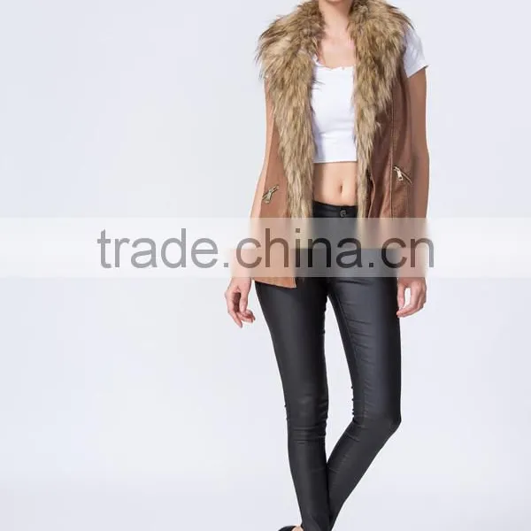 New Fashion Wholesale Clothing Manufacturers Women PU Gilet With Fur Collar photo-3
