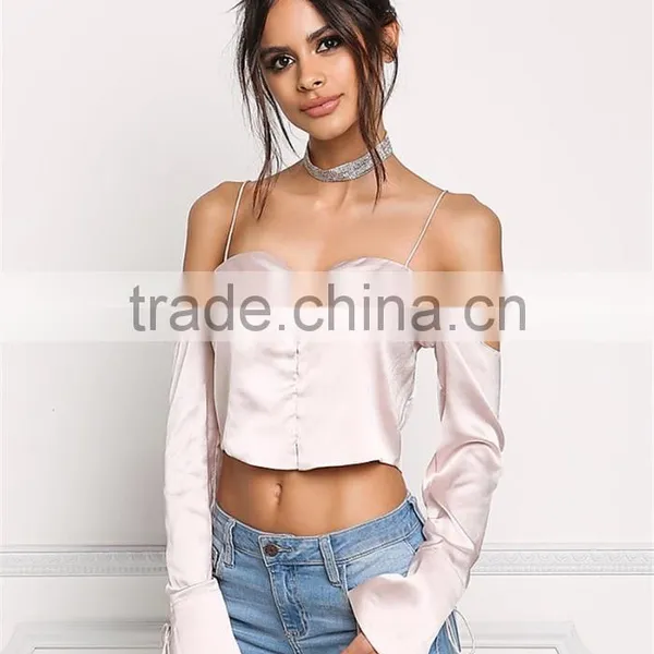 MGOO Custom Manufacturer Polyester Cropped Blouses Blush Silky Cold Shoulder Long Sleeves Satin Crop Tops photo-2