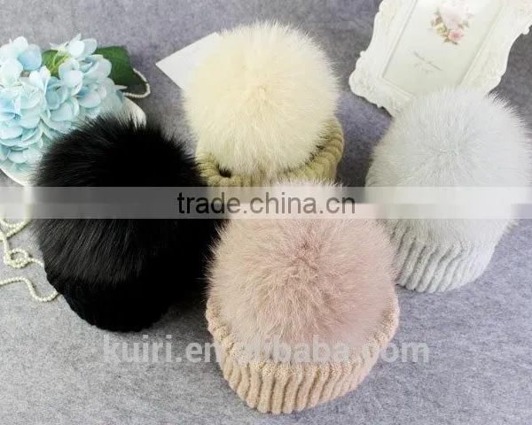 High Quality 15cm Fox Fur Real Sheep Wool Knit Beanie Hat With Fox Fur Ball photo-5