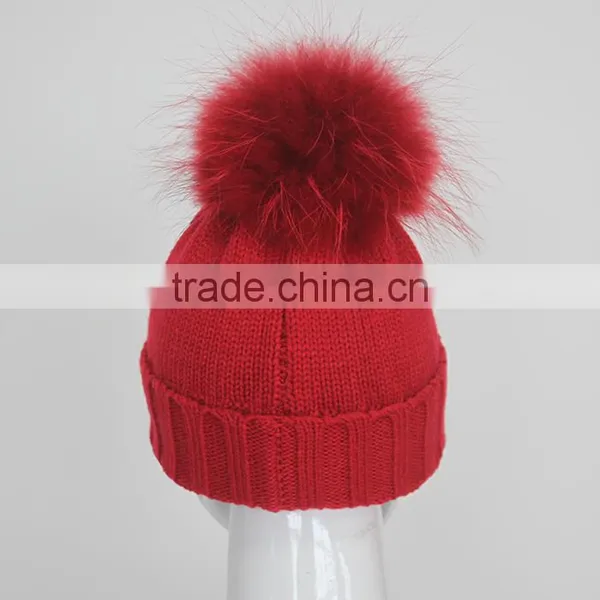 Myfur Cute Girls Winter Knit Beanie Hat With Real Dyed Raccoon Fur Pom Poms photo-4