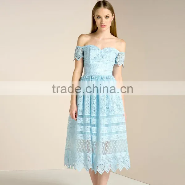 Crochet Chemical Lace Trim Sweetheart Neck off Shoulder Midi Party Dress photo-5