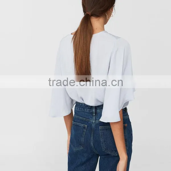 Batwing V Neck Bodysuit Women Casual Frill Sleeve Blouse Designs photo-2