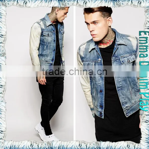 2016 Spring Tops Sleeves Bleached White Blue Denim Men's Jackets Clothes photo-4