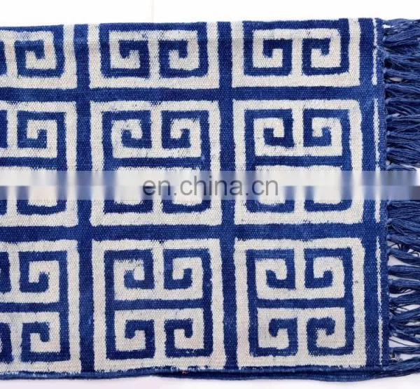 3 X 5 Ft Blue Cotton Block Print Accent Area Dhurrie Rug Flat Weave Hand Indian Handmade photo-3