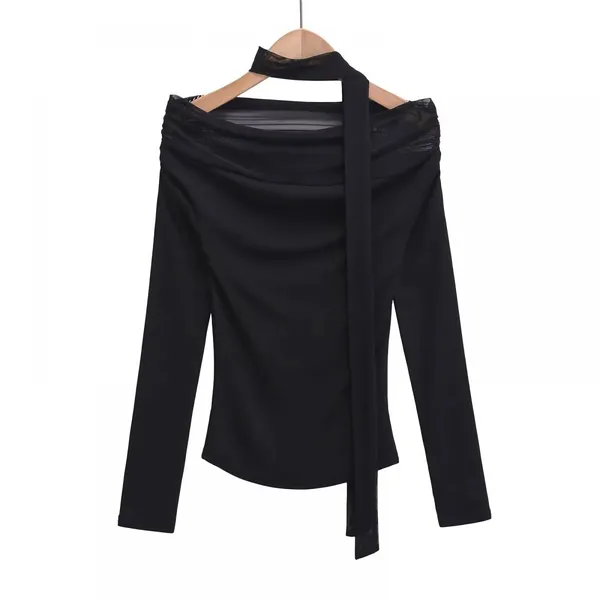 Design-sense Pure Seductive Hot Girl Style Pleated Off-the-shoulder Long-sleeved Top for Women, Spring and Autumn, With Ribbon and Mesh Spliced-in for a Slimming Effect. photo-2