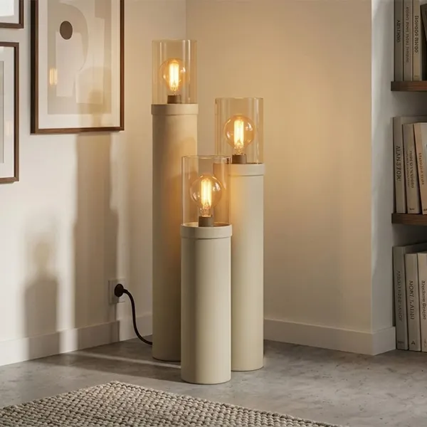 Minimalist Tube Floor Lamp With Amber Glass Cylinder – E27
