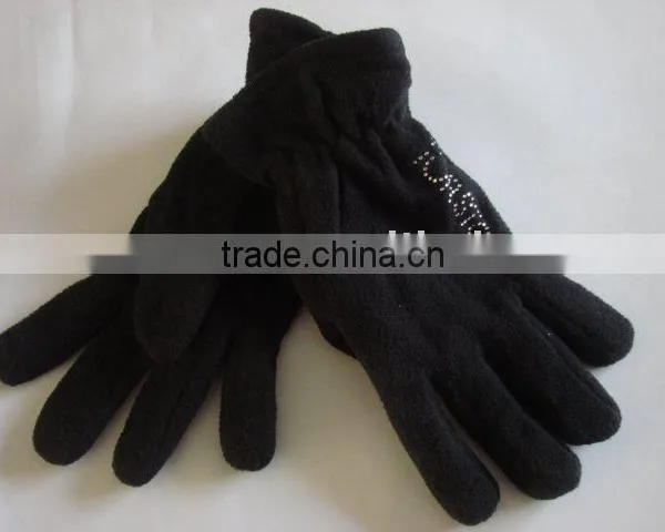 TYG001 Fashion Beading Black Polar Fleece Gloves