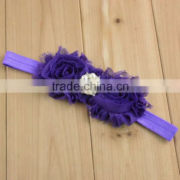 Fancy Nylon Velvet Ribbon Chiffon Fabric Flower Hair Band in Stock / New Arrival Pearl Flowers Hair Headband photo-6