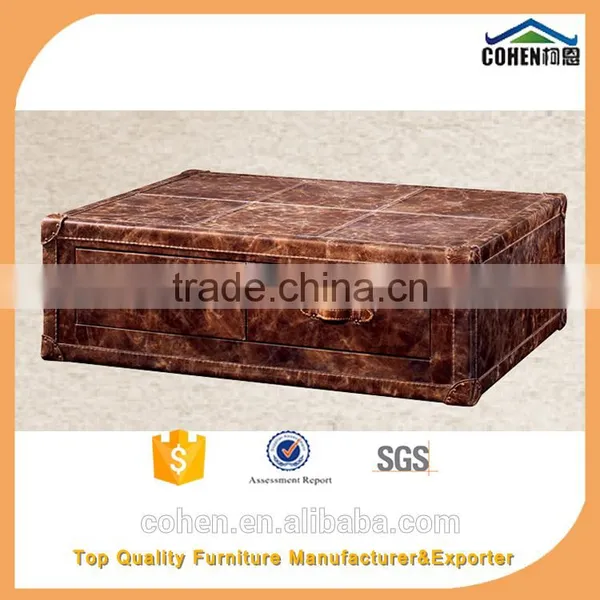 Jane European Style Cheap Living Room Furniture Design Center Table Trunk With Genuine Leather Covered photo-3