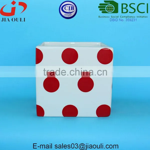 Glazed White With Red Polka Dots Ceramic Pot Plant White Square Cube, Pot Plant White photo-4