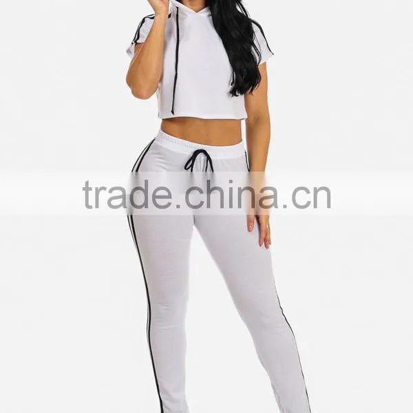 New Arrival Summer Women Casual Knit Cotton Crop Top And Pants White Two-Piece Outfit Sweat Suit Tracksuit Set photo-4